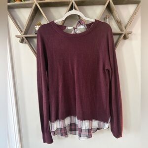 LOFT Women's faux Layered Sweater w burgundy crew neck- plaid-bow back. Medium